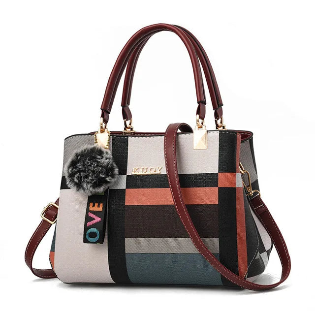 New Luxury Women’s Stitching Messenger Bag | Sophisticated Designer Brand Plaid Shoulder Bag | Elegant Patchwork Satchel Tote | Fashion-Forward PU Leather Handbag with "Dignified" Fur Decoration Luxegan