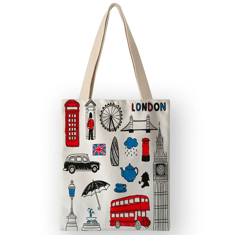 Vintage British Style Women's Canvas Shoulder Bags | Cartoon London Prints Shopping Handbags Totes Travel Luxegan