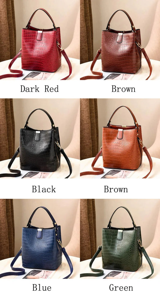 Retro Alligator Bucket Handbag for Women | Sophisticated Crocodile Pattern Large Capacity Crossbody | Elegant PU Leather Shoulder Messenger Bag | Fashion-Forward Phone Purse with Chain Detail Luxegan