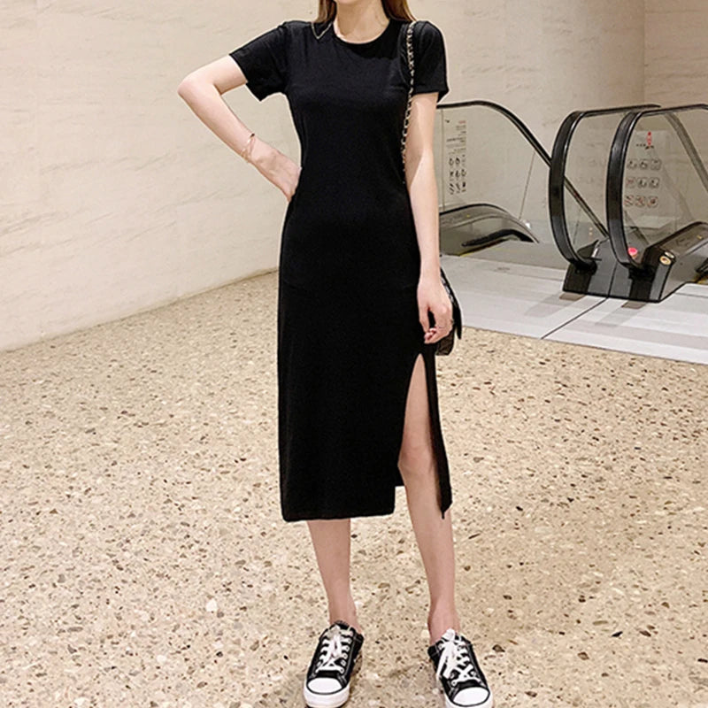 Original Casual 94% Cotton Summer Women's Dresses Solid Short Sleeve Spilt Long Midi Dress Fashion Sundress Female Clothing