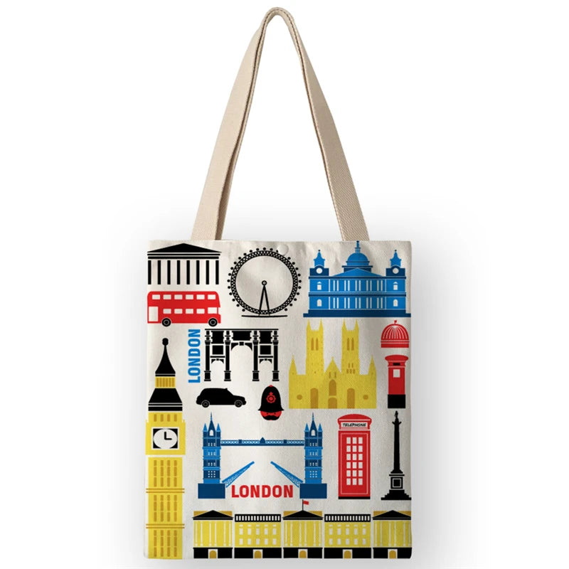 Vintage British Style Women's Canvas Shoulder Bags | Cartoon London Prints Shopping Handbags Totes Travel Luxegan
