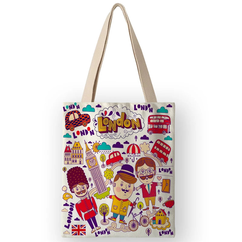 Vintage British Style Women's Canvas Shoulder Bags | Cartoon London Prints Shopping Handbags Totes Travel Luxegan