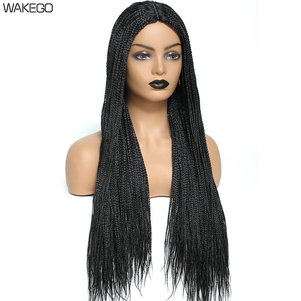 Wakego Black Braided African Wig Handmade Box Braids Wig Natural Synthetic Braiding Hair Wigs For All Women Peluca Con Trenzas Luxegan