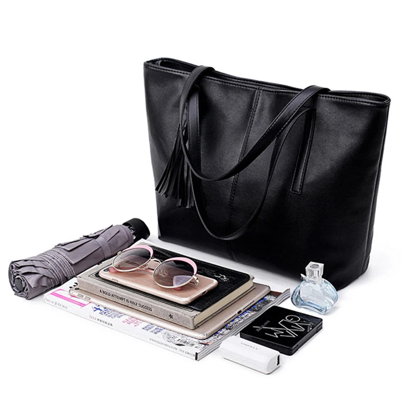 Retro Tassel Tote Bag | Large Capacity PU Leather Handbag Luxegan