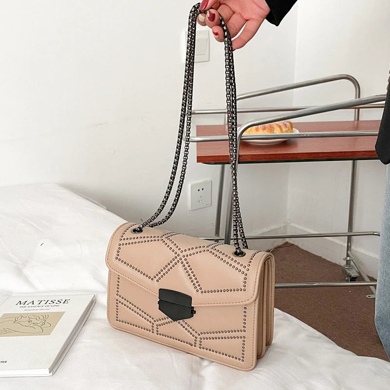 Rivet Chain Small Crossbody Bag for Women | 2022 Luxury Shoulder Messenger Bag (Trendy Lady Handbag with Flap Cover) Luxegan
