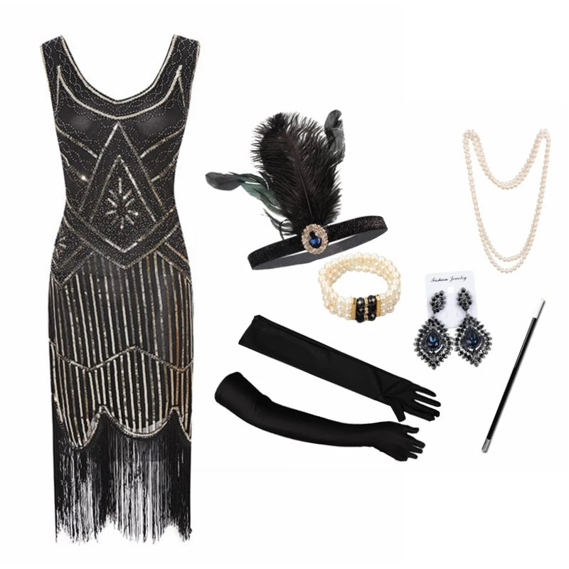 Vintage Sequin Full Fringed Flapper Dress | Roaring 20s Great Gatsby Party Gown | Plus Size XS-4XL Summer Knit Knee-Length Dress