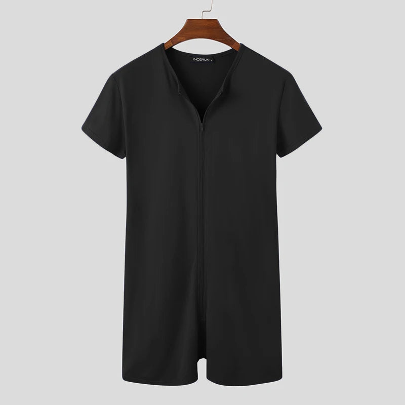 Men's Solid Color Pajamas Romper | Sophisticated "Fitness" Leisure Jumpsuit | Elegant Short Sleeve Cozy Homewear | "Dignified" High-Performance Summer Sleepwear for Radiant Versatile Styling Luxegan