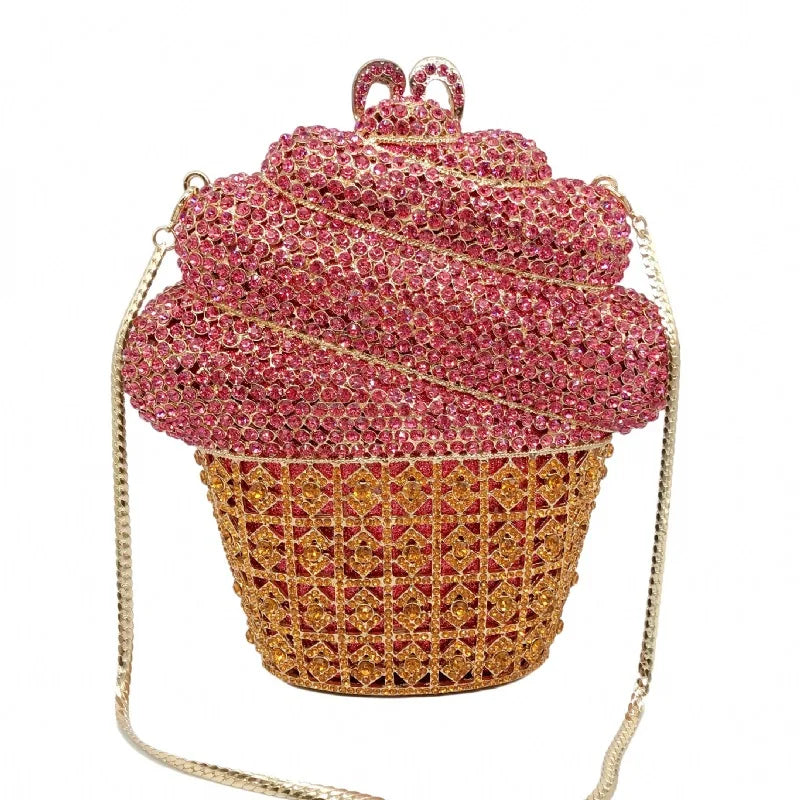 Luxury Crystal Ice Cream Evening Clutch | Sophisticated Diamond-Encrusted Cupcake Bag | Elegant Gold & Silver Wedding Party Prom Purse | "Dignified" Bespoke Handbag with Chain Strap Luxegan