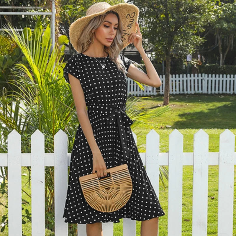 Print V-Neck Short Sleeve Regular Fit Sheath Knee-Length Dress – Medium Stretch Denim, Empire Waist, Summer Luxegan
