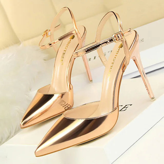 Metallic Patent Leather Stiletto Pumps | Sophisticated Blue & Silver Pointed Toe Heels | Elegant "Super High" Party Sandals | "Dignified" Shallow Mouth Stilettos for Radiant Versatile Styling Luxegan