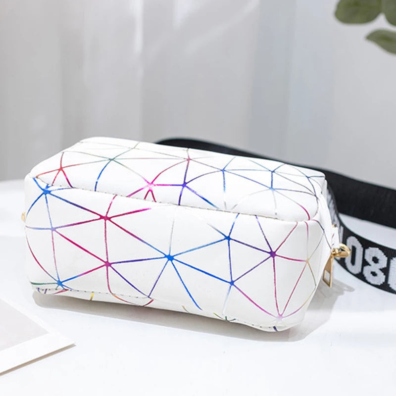 Fashion Laser Shoulder Messenger Bag | Sophisticated PU Leather Small Square Crossbody | Trendy New Laser Satchel with Letter Decoration | Elegant Geometric Pattern Shoulder Bag for Women Luxegan