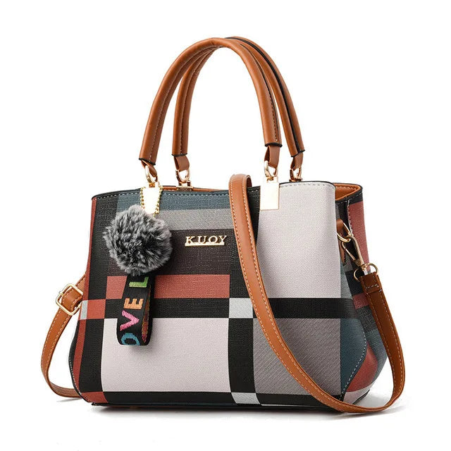 New Luxury Women’s Stitching Messenger Bag | Sophisticated Designer Brand Plaid Shoulder Bag | Elegant Patchwork Satchel Tote | Fashion-Forward PU Leather Handbag with "Dignified" Fur Decoration Luxegan