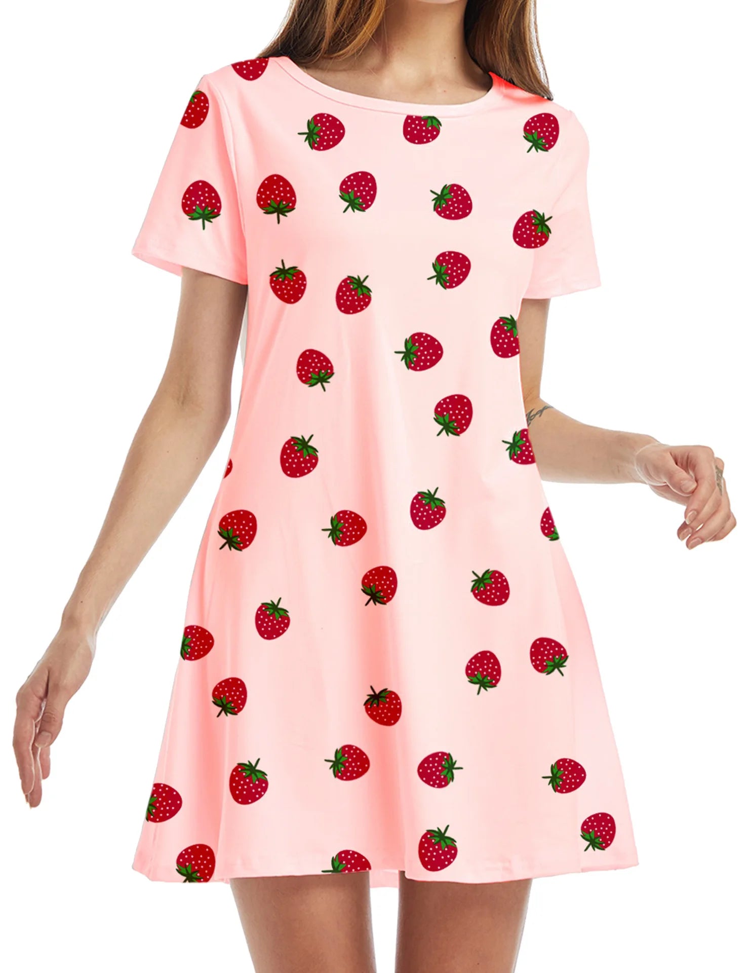 Casual Short Sleeve T-Shirt Dress | Vintage O-Neck Graphic Print Sundress | Elegant Simple Loose Fit A-Line Mini Dress | Premium Cotton Blend Summer Streetwear Model DR077 Luxegan