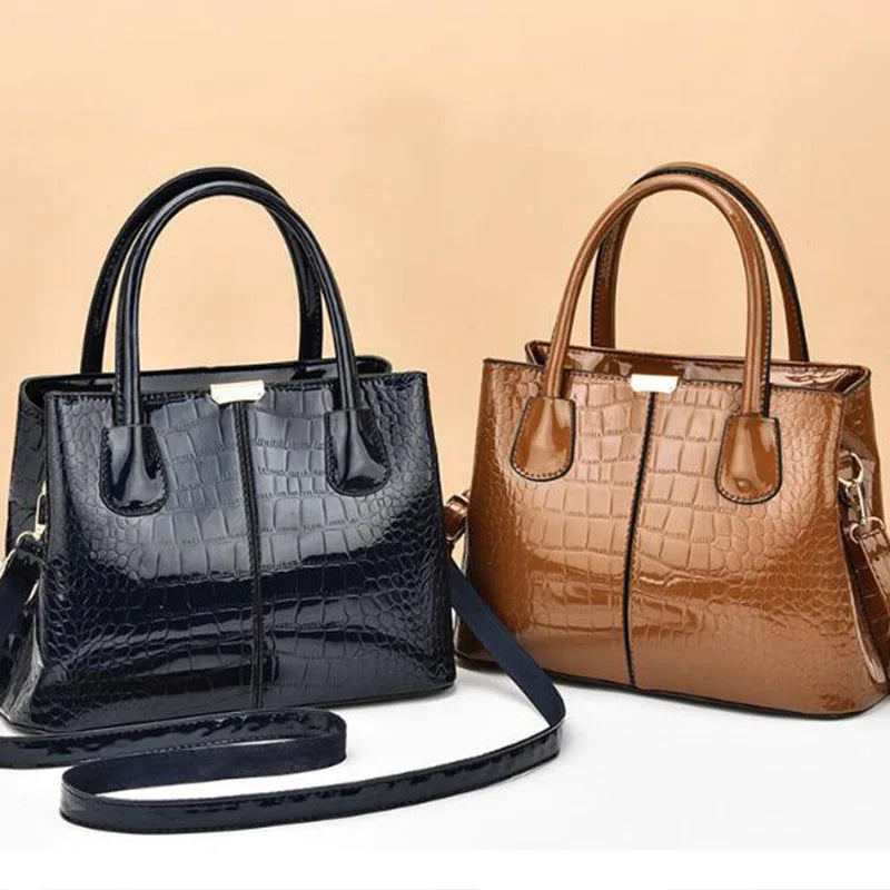 Luxury Patent PU Leather Shopping Tote | Structured Alligator Satchel Luxegan
