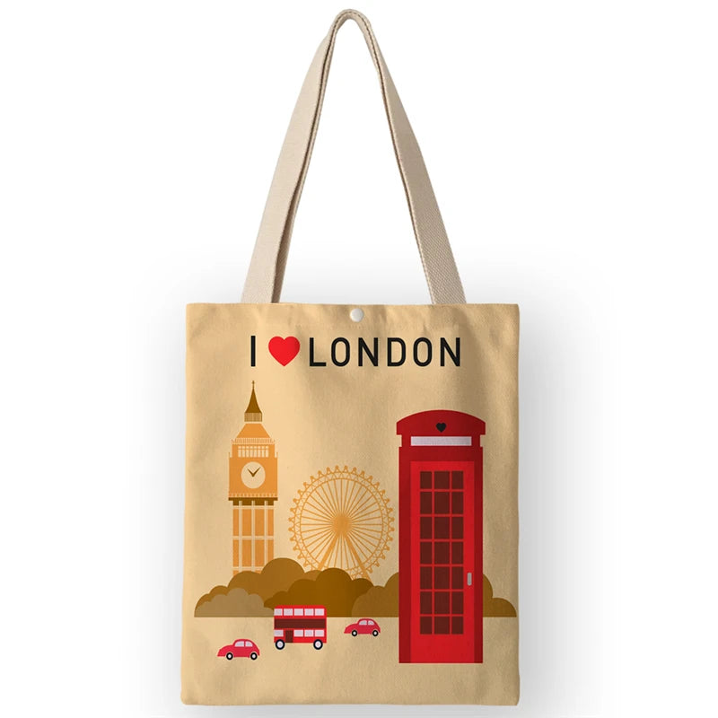 Vintage British Style Women's Canvas Shoulder Bags | Cartoon London Prints Shopping Handbags Totes Travel Luxegan