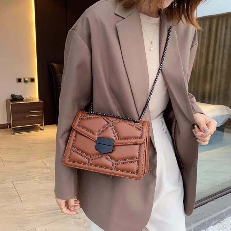 Rivet Chain Small Crossbody Bag for Women | 2022 Luxury Shoulder Messenger Bag (Trendy Lady Handbag with Flap Cover) Luxegan