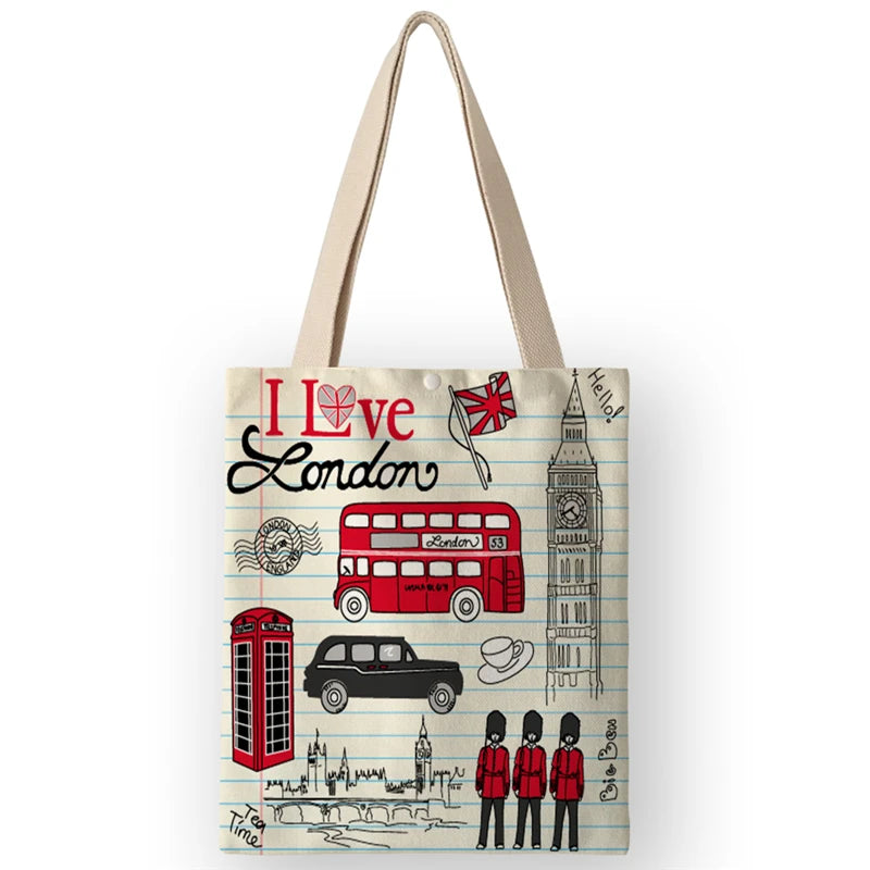 Vintage British Style Women's Canvas Shoulder Bags | Cartoon London Prints Shopping Handbags Totes Travel Luxegan