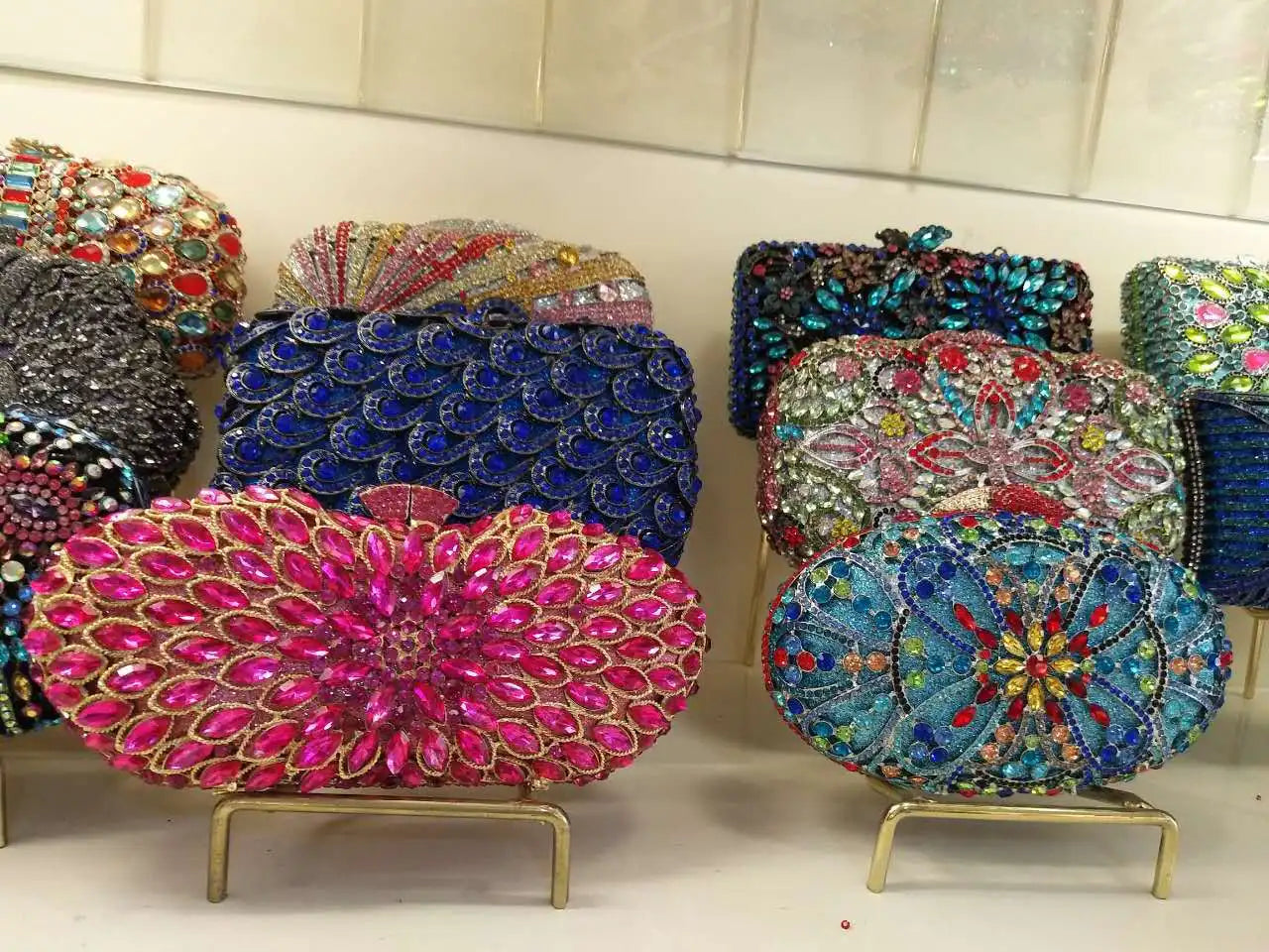 Luxury Diamond Crystal Rose Flower Clutch | Floral Metallic Evening Purse for Weddings & Brides | Sparkling Party Minaudière in Gold, Silver, & AB Diamonds Luxegan