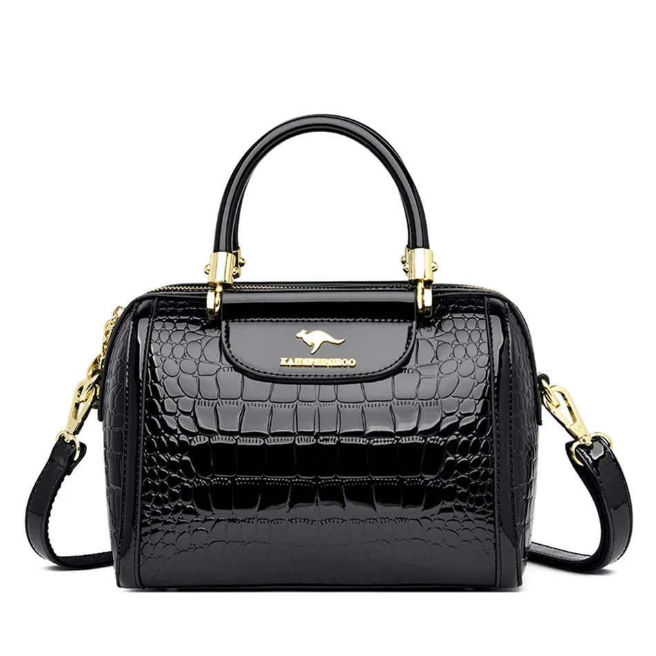 Luxury Patent Leather Handbag | Sophisticated "Crocodile Pattern" Boston Silhouette | Elegant "Sequined & Letter" Detail Crossbody | "Dignified" Alligator Texture Messenger Purse for Radiant Versatile Styling Luxegan