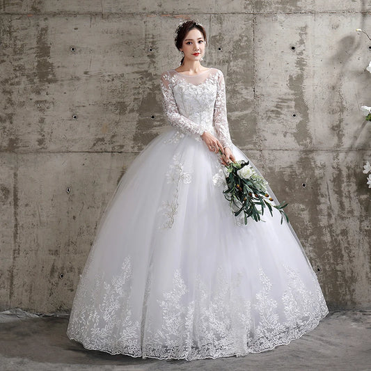 Dreamy Plus Size Floral Wedding Dress for Brides | Exquisite O-Neck Full-Sleeve Bridal Ball Gown | Luxury Lace-Up Organza & Matte Satin Dress | Model LF112 Custom Made Floor-Length Embroidered Gown Luxegan