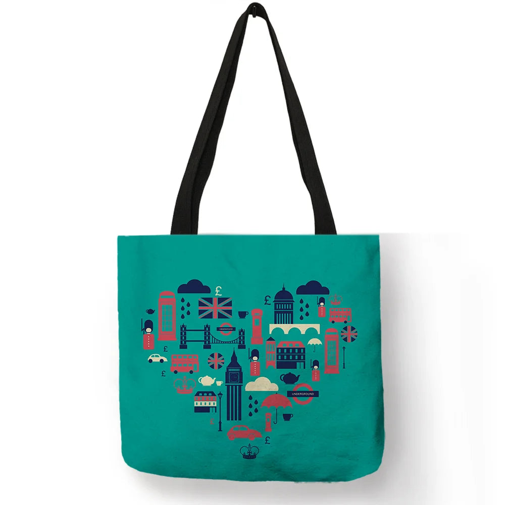 High Quality Linen Shoulder Bag | London Big Ben Tower & Rome Print Tote Bag (Fashion Ladies Casual Beach Shopping Handbag) Luxegan