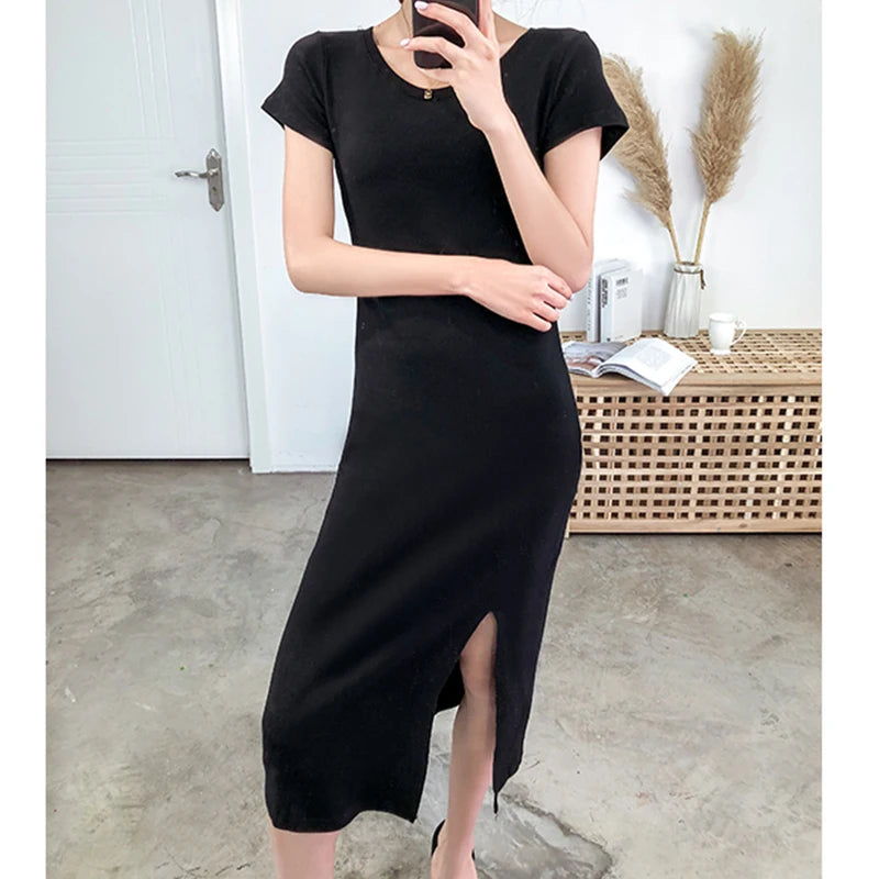 Original Casual 94% Cotton Summer Women's Dresses Solid Short Sleeve Spilt Long Midi Dress Fashion Sundress Female Clothing
