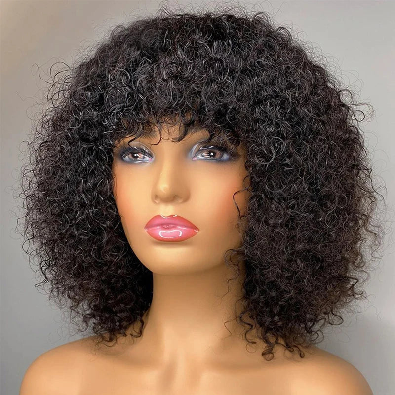 Ombre Short Bob Jerry Curly Human Hair Wig with Bangs - 180% Density Full Machine-Made Glueless Wig - 100% Brazilian Remy Human Hair Gradient Curly Fringe Wig for Black Women Luxegan