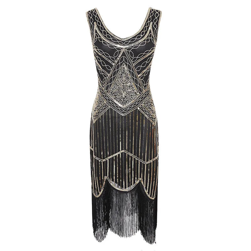 Vintage Sequin Full Fringed Flapper Dress | Roaring 20s Great Gatsby Party Gown | Plus Size XS-4XL Summer Knit Knee-Length Dress