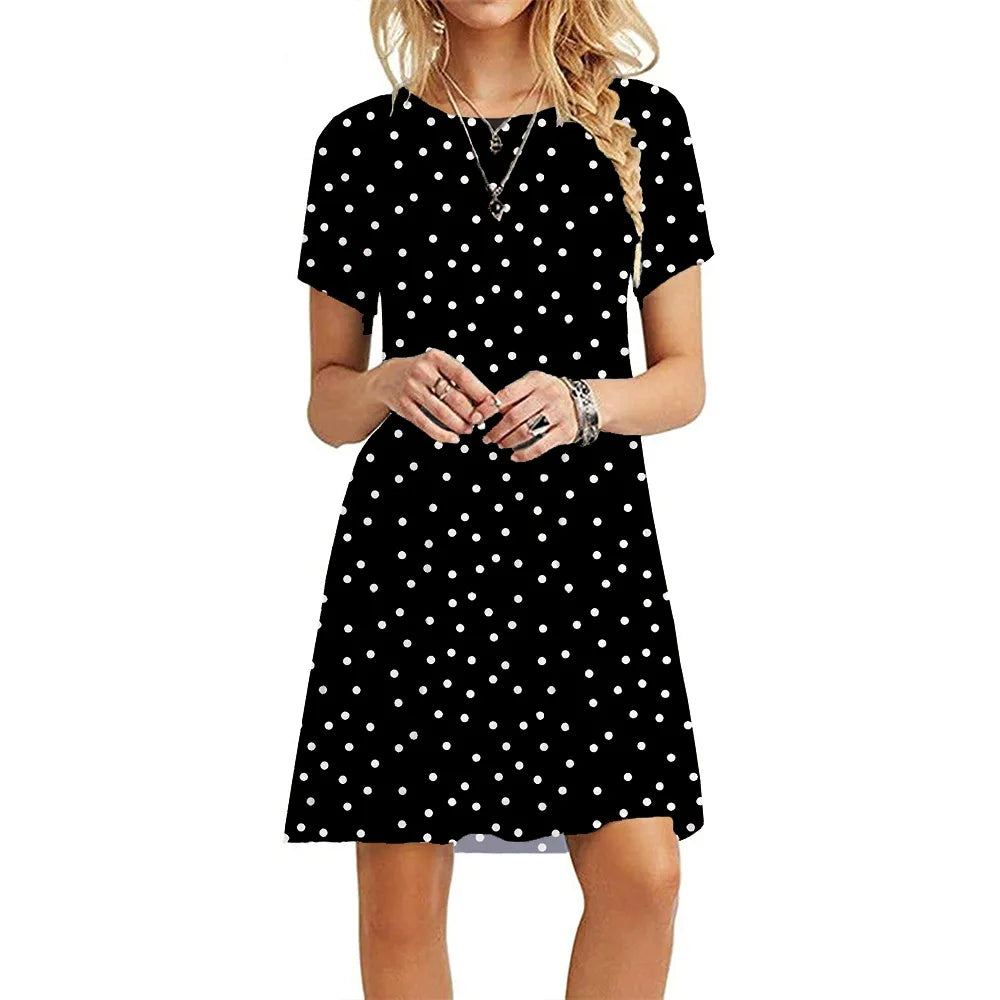 Casual Short Sleeve T-Shirt Dress | Vintage O-Neck Graphic Print Sundress | Elegant Simple Loose Fit A-Line Mini Dress | Premium Cotton Blend Summer Streetwear Model DR077 Luxegan