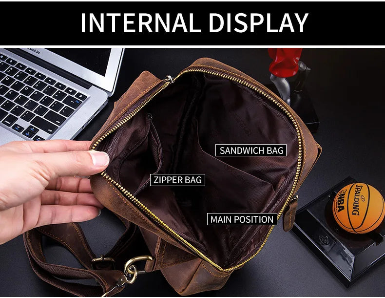 BULLCAPTAIN Bolsos cruzados para hombre de cuero Crazy Horse, bolso de pecho de cuero, bolsos cruzados retro para hombre con bolsillo de cremallera, bolso de viaje corto