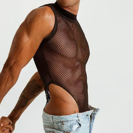 Men’s Mesh Patchwork See-Through Bodysuit | Sophisticated "Sleeveless" Underwear Silhouette | Elegant Thin Breathable Romper | "Dignified" High-Performance Homewear for Radiant Versatile Styling Luxegan