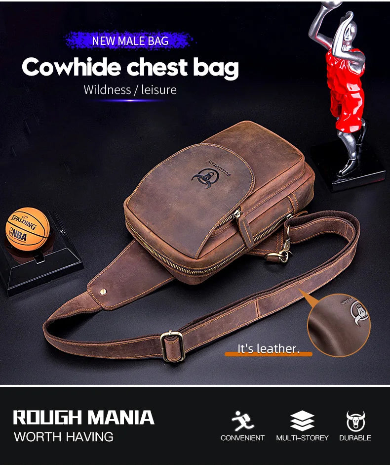 BULLCAPTAIN Bolsos cruzados para hombre de cuero Crazy Horse, bolso de pecho de cuero, bolsos cruzados retro para hombre con bolsillo de cremallera, bolso de viaje corto