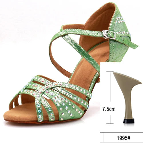 Professional Satin Latin Dance Shoes | Sophisticated 9cm Thin High Heels | Elegant "Bright Rhinestone Silk" Silhouette | "Dignified" Soft Bottom Ballroom Shoes for Radiant Versatile Performance Luxegan