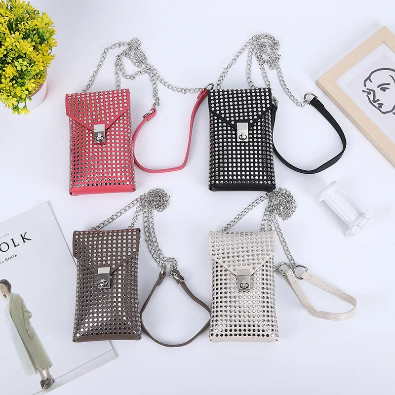 PU Leather Mini Shoulder & Crossbody Bag for Women | Rivet Flap Chain Designer Purse (Retro Phone Bag, Hip-Hop Style) Luxegan