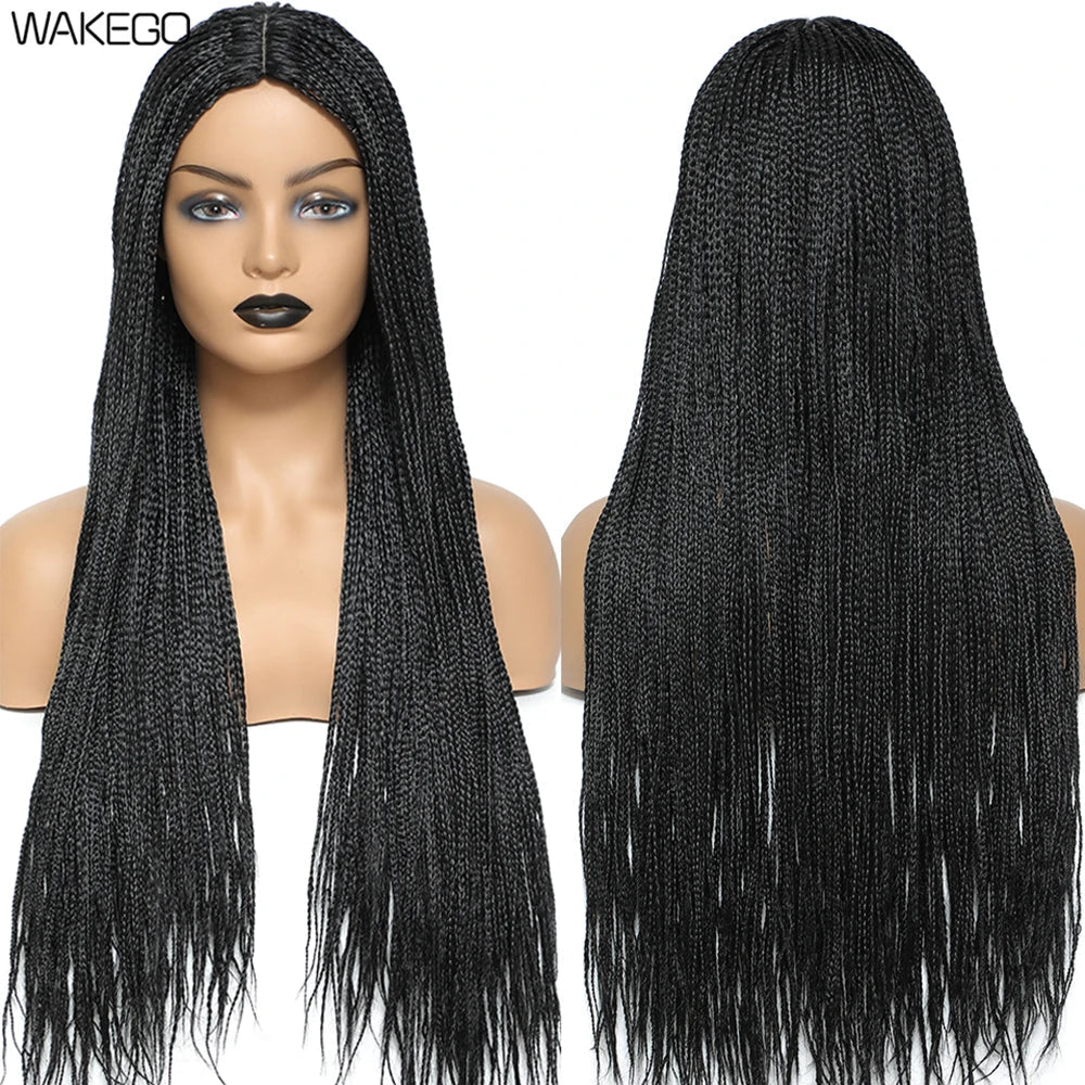 Wakego Black Braided African Wig Handmade Box Braids Wig Natural Synthetic Braiding Hair Wigs For All Women Peluca Con Trenzas Luxegan