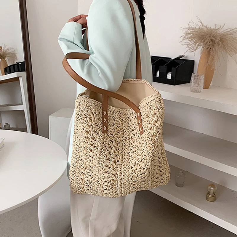 Summer Hollow Out Straw Bag Women | Large Capacity Handmade Weave Shoulder Totes Bag | Travel Beach Bag Shopping Pouch Luxegan