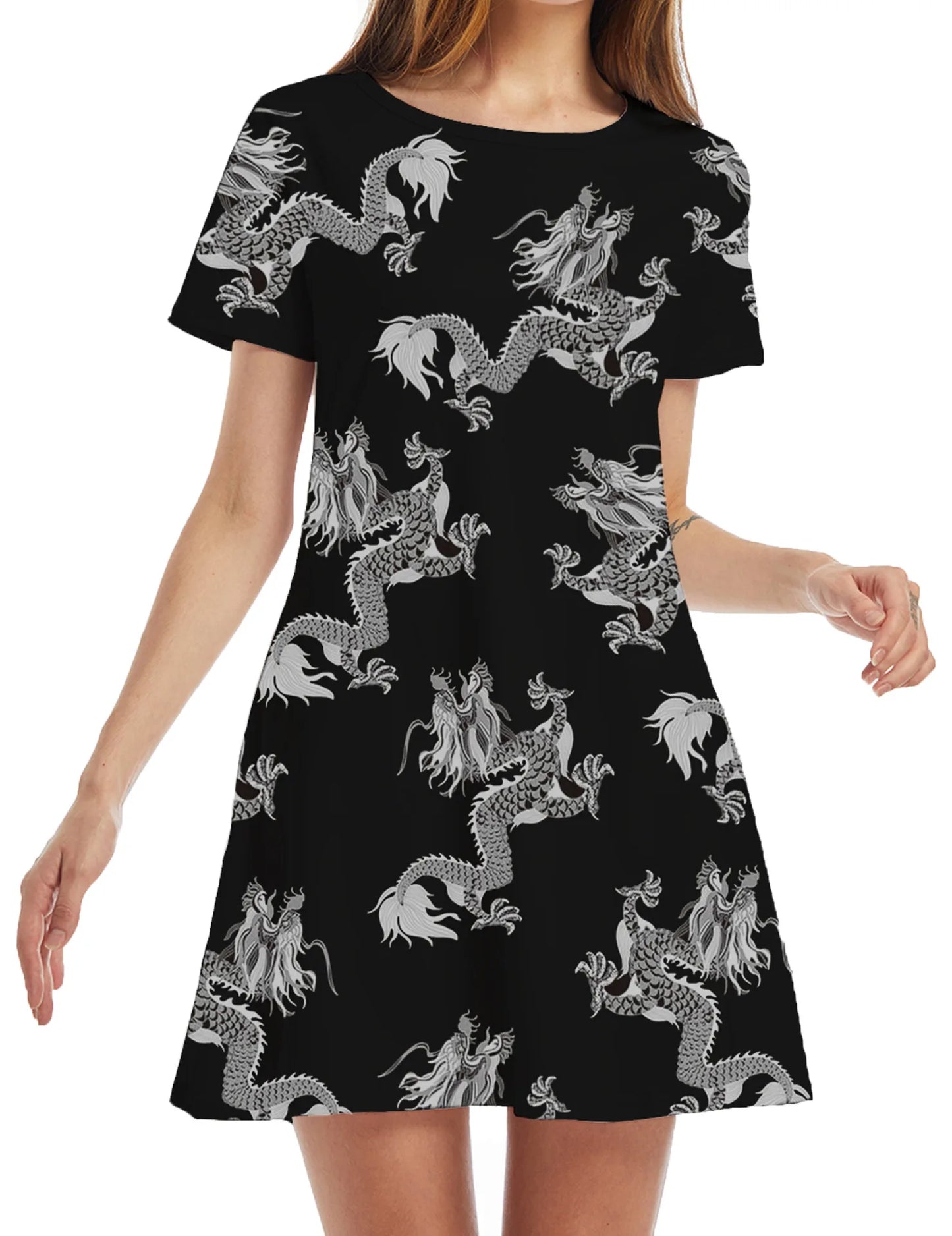 Casual Short Sleeve T-Shirt Dress | Vintage O-Neck Graphic Print Sundress | Elegant Simple Loose Fit A-Line Mini Dress | Premium Cotton Blend Summer Streetwear Model DR077 Luxegan