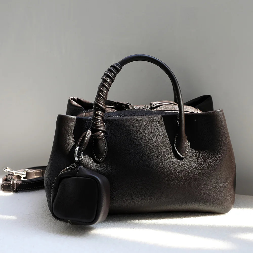 Genuine Cowhide Single Shoulder Purse | Lazy Style Multiple Compartment Handbag | Anti-Theft Zippered Crossbody Bag | Fashionable Solid Color All-Season Tote (Model IN2482) Luxegan