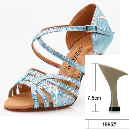 Professional Satin Latin Dance Shoes | Sophisticated 9cm Thin High Heels | Elegant "Bright Rhinestone Silk" Silhouette | "Dignified" Soft Bottom Ballroom Shoes for Radiant Versatile Performance Luxegan