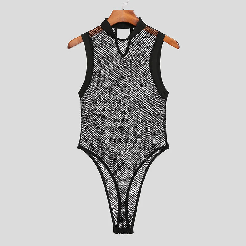 Men’s Mesh Patchwork See-Through Bodysuit | Sophisticated "Sleeveless" Underwear Silhouette | Elegant Thin Breathable Romper | "Dignified" High-Performance Homewear for Radiant Versatile Styling Luxegan