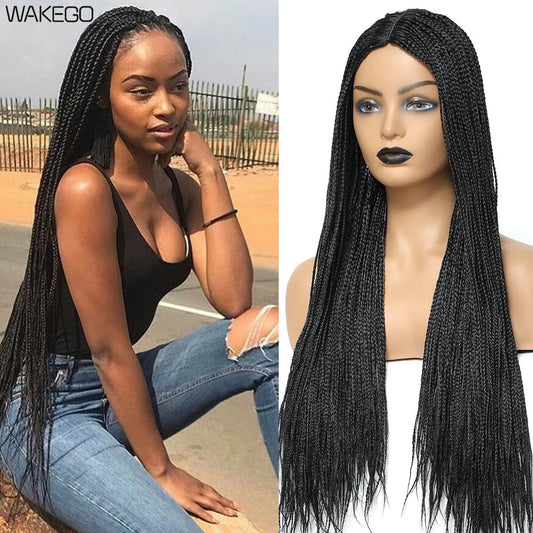 Wakego Black Braided African Wig Handmade Box Braids Wig Natural Synthetic Braiding Hair Wigs For All Women Peluca Con Trenzas Luxegan