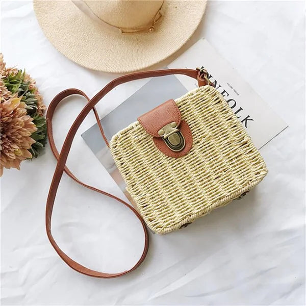 Bohemian Straw Flap Crossbody Bag | Sophisticated Small Knitting Summer Purse | Elegant Vacational Beach Handbag | "Dignified" Hard-Shell Square Bag for Versatile Seasonal Styling Luxegan