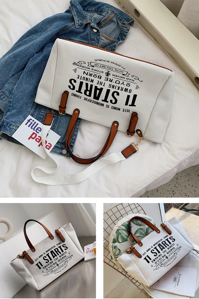 Casual Letter Design Canvas Tote | Soft Large Capacity Shoulder Bag Luxegan