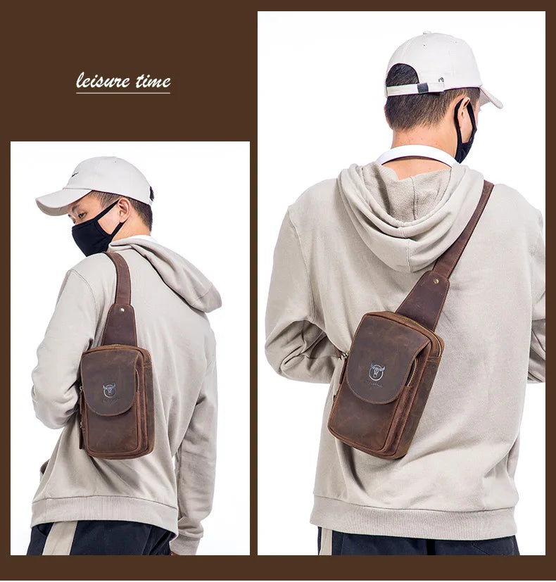 BULLCAPTAIN Bolsos cruzados para hombre de cuero Crazy Horse, bolso de pecho de cuero, bolsos cruzados retro para hombre con bolsillo de cremallera, bolso de viaje corto