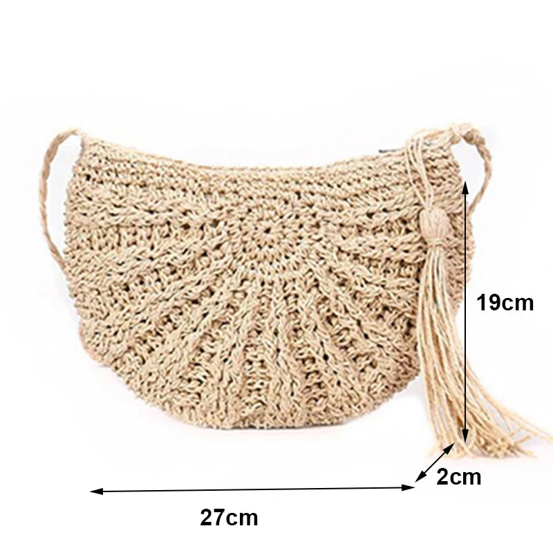 New Half-Round Straw Bag for Women | Sophisticated Handmade Woven Rattan Summer Beach Bag | Elegant Half-Moon Crossbody Handbag | Fashion-Forward Bohemia Style Purse with Hollow-Out Detail Luxegan