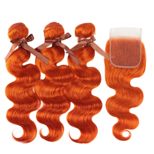 Ginger Orange Brazilian Body Wave Human Hair Bundles with Closure | Vibrant Orange Remy Human Hair 3 Bundles with Matching Lace Closure | Flame Colored Body Wave Extensions Luxegan