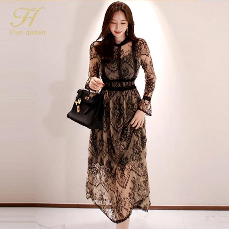 Patchwork Lace O-Neck Full-Length Sleeve Regular Fit A-Line Ankle-Length Dress – Slight Stretch Mesh-Lace, Natural Waist, Spring/Summer Luxegan