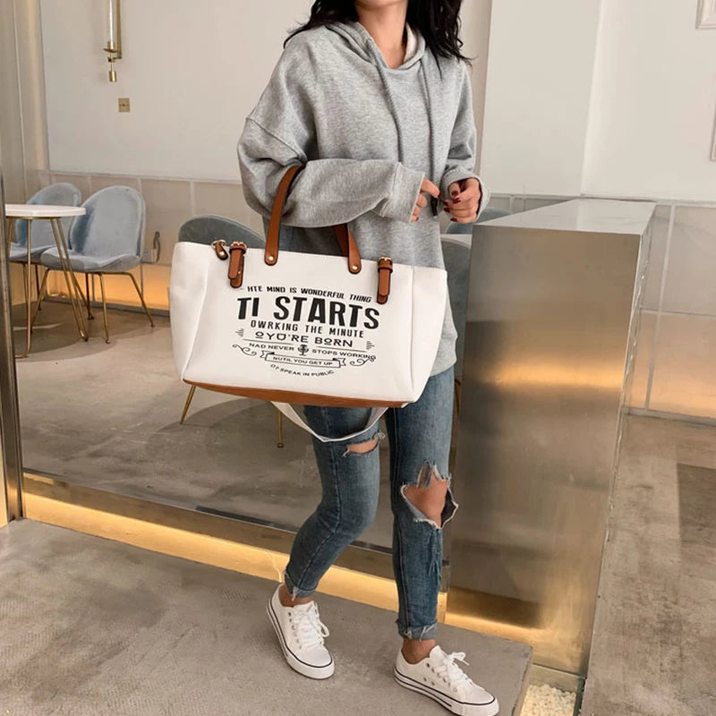 Casual Letter Design Canvas Tote | Soft Large Capacity Shoulder Bag