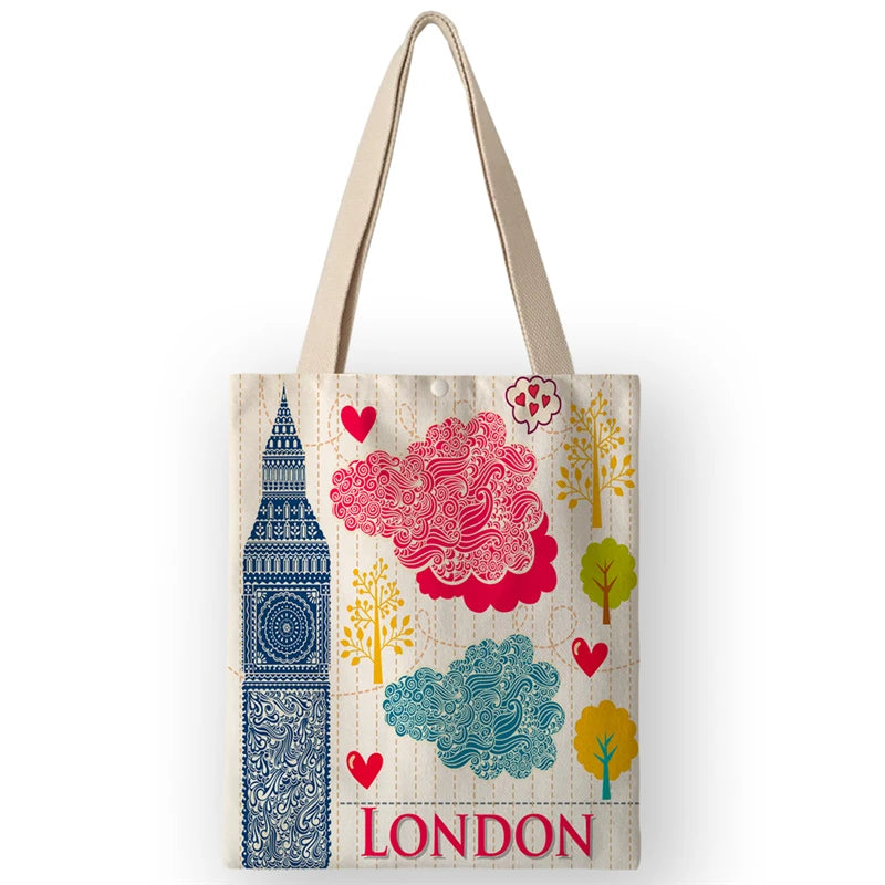Vintage British Style Women's Canvas Shoulder Bags | Cartoon London Prints Shopping Handbags Totes Travel Luxegan