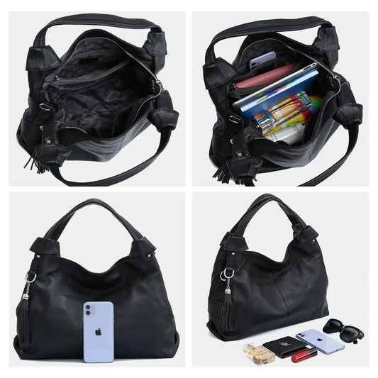 100% Genuine Leather Tote Bag for Women | Large High-Quality Vintage Shoulder Bag | Simple Casual Female Crossbody Handbag with Tassel Detail | Versatile Soft Leather Hobo (Model ZC1731) Luxegan